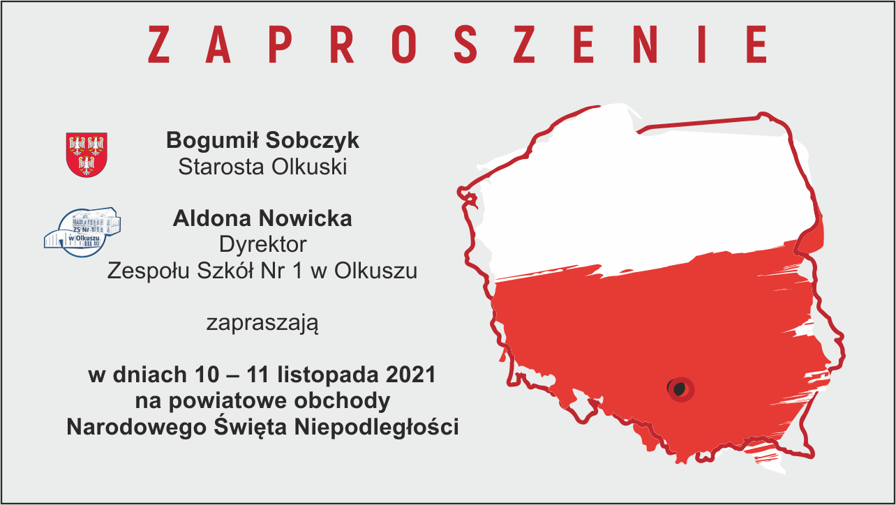 Grafika z mapą Polski z zaproszeniem na powiatowe obchody Narodowego Święta Niepodległości 