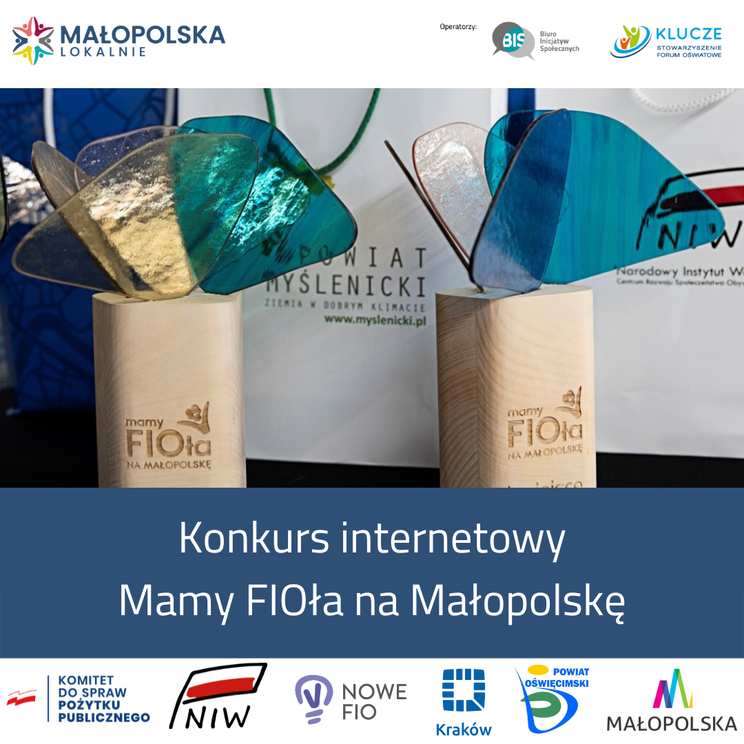 Plakat konkursu "Mamy FIOła na Małopolskę" ze zdjęciem 2 statuetek i logotypami 