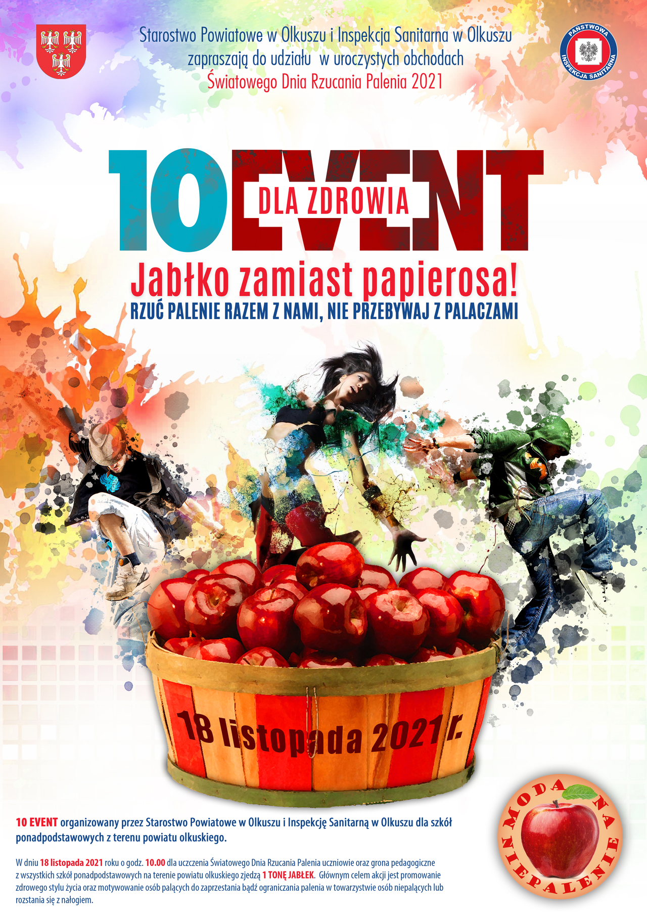 Plakat informujący o akcji 10EVENT dla zdrowia Jabłko zamiast Papierosa