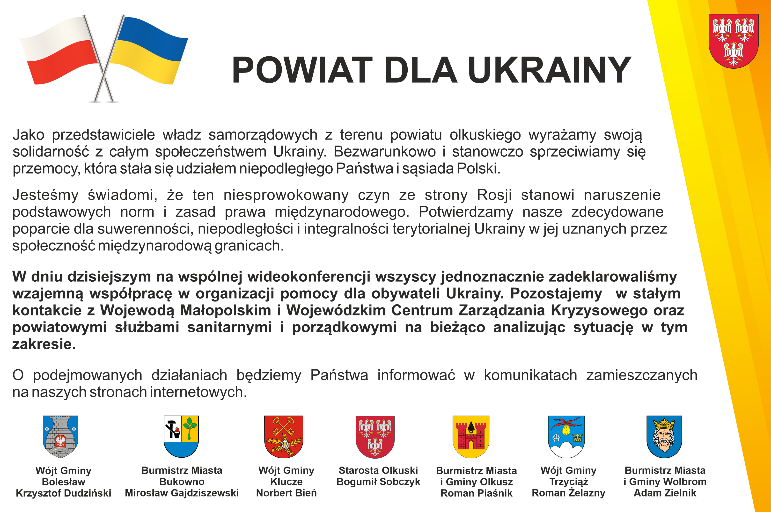 Komunikat Włodarzy z Powiatu Olkuskiego w sprawie solidarności z Ukrainą